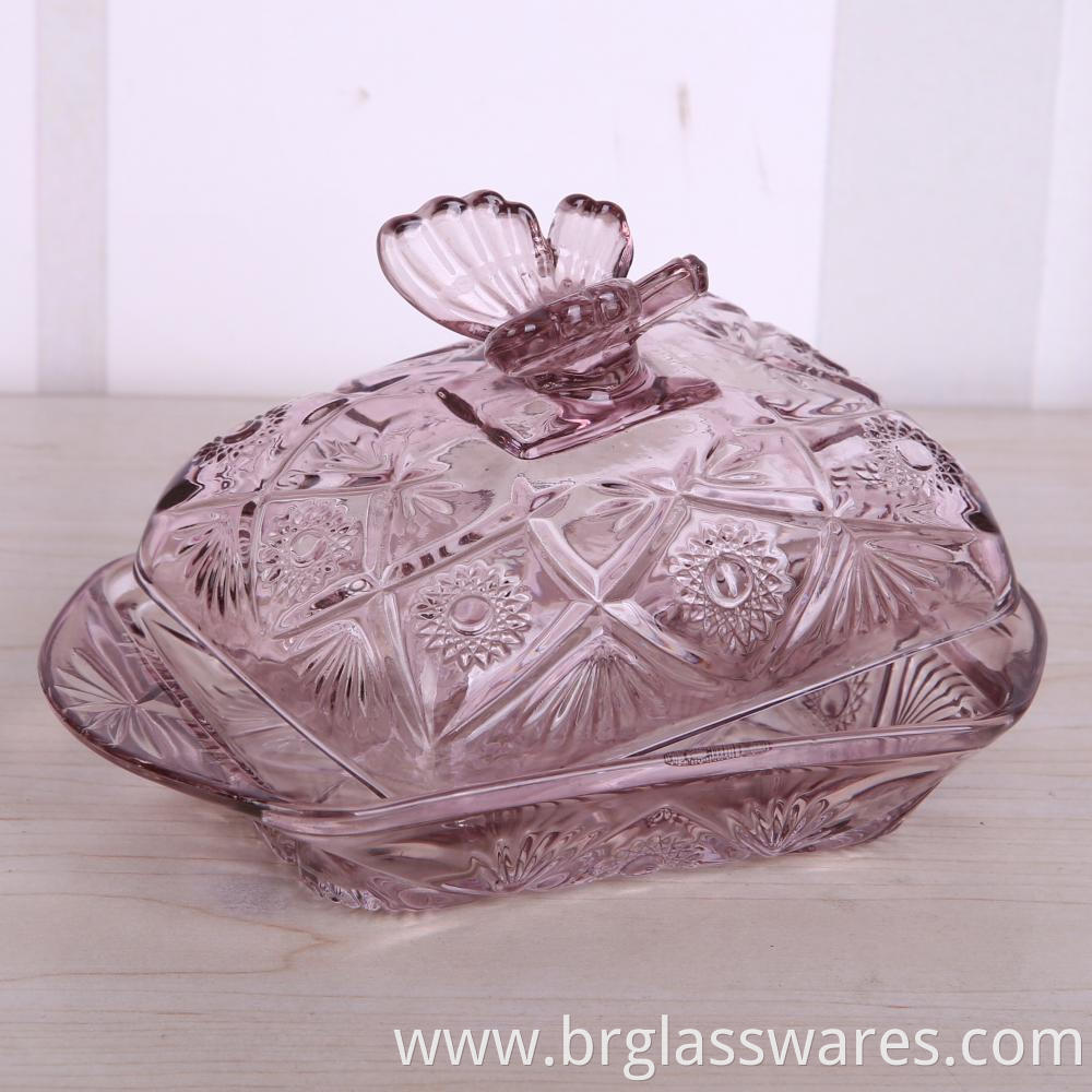 Embossed Glass Butterfly Shape Butter Dish With Lid